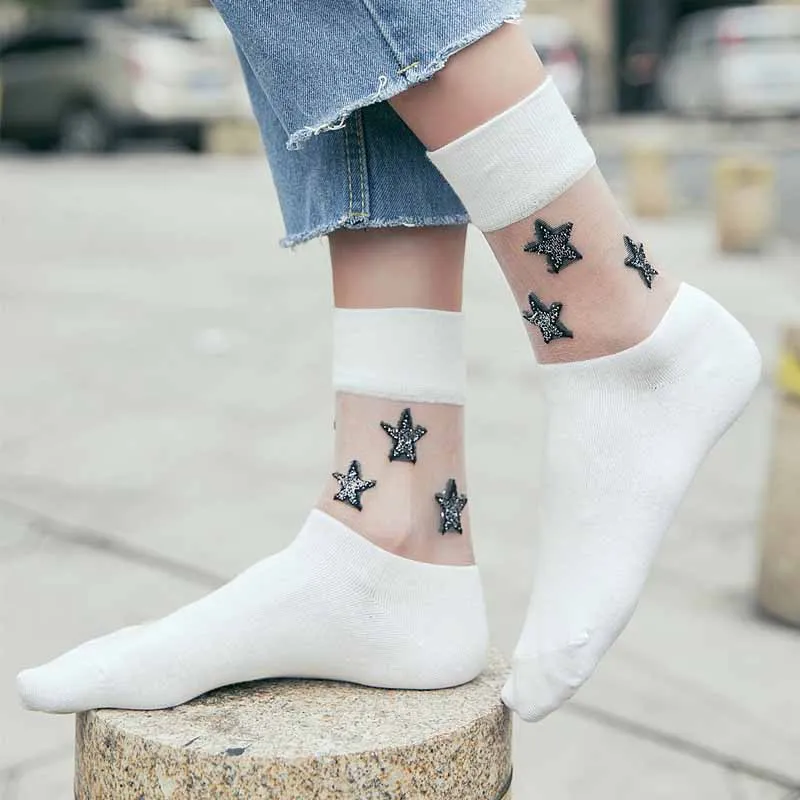 

1 Pair Anti Slip Breathable Women Socks Shiny Silver Stars Transparent Glass Socks Art Socks Women