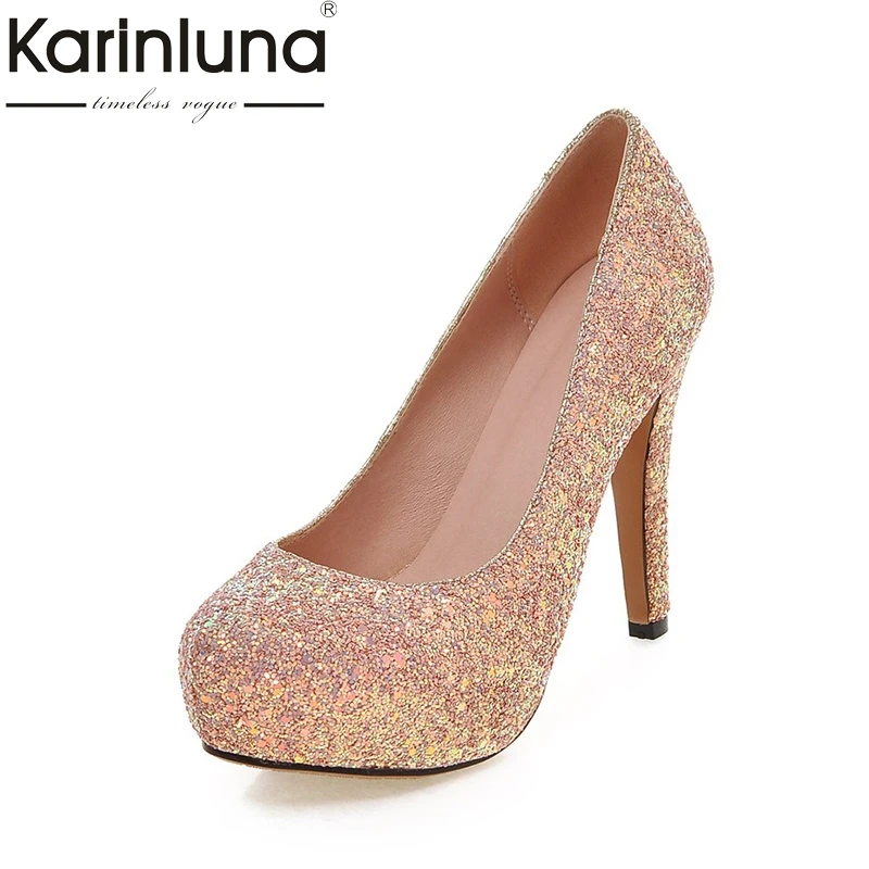 

KARINLUNA Large Size 34-43 Sequined Upper Thin High Heeled Women Shoes Sexy Pink Black White Wedding Party Pumps Platform