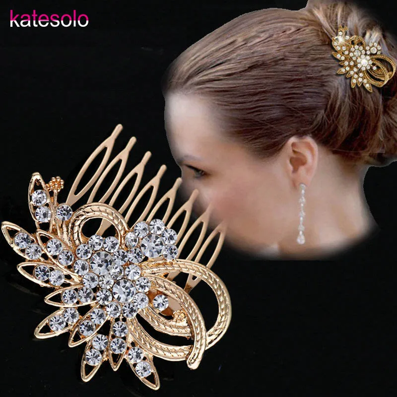 2023 New Shiny Crystal Wedding Bridal Hair Comb Pin Gold Silver Color