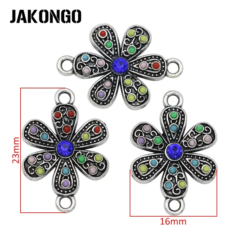 JAKONGO Antique Silver Plated Crystal Flower Connector for Jewelry Making Bracelet DIY Accessories Handmade Craft 23x16mm 5PCS