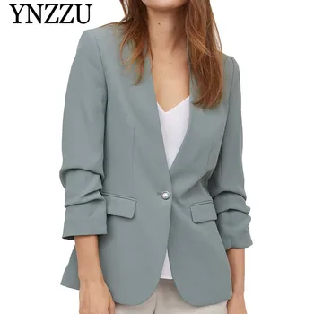 

High Quality Elegant Women Blazers 2019 Autumn Pink Blue V Neck Fold 3/4 Sleeve Pearls Button Female Workwear Suit Coat AO952