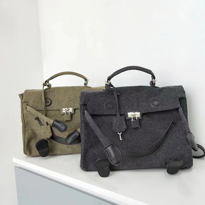 

Military style Army Green Canvas Monster Bag Women Fashion Designer Satchel Handbags Square briefcase Lady Causal Handbags Lock