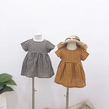 Летний комплект для маленьких девочек, повседневный стиль, расклешенный рукав платье с принтом, в клетку костюм детские, для малышей платья для девочек