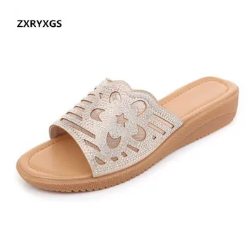 

Hollow Breathable Rhinestone Women Casual Sandals 2019 Summer Women Slippers Non-slip Wear Genuine Leather Sandals Flat Slippers