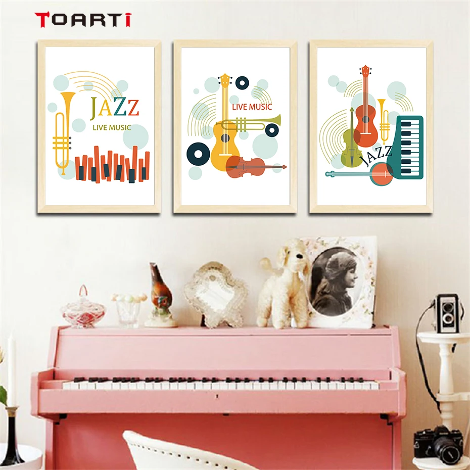 

jazz music Guitar bass saxophone trumpet wall art picture yellow painting print and poster for living room coffee room barroom