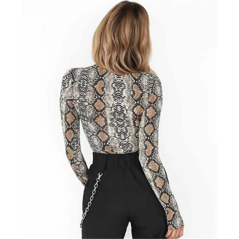 Змеиной кожи Водолазка с длинным рукавом боди Сексуальная Bodycon Модный комбинезон