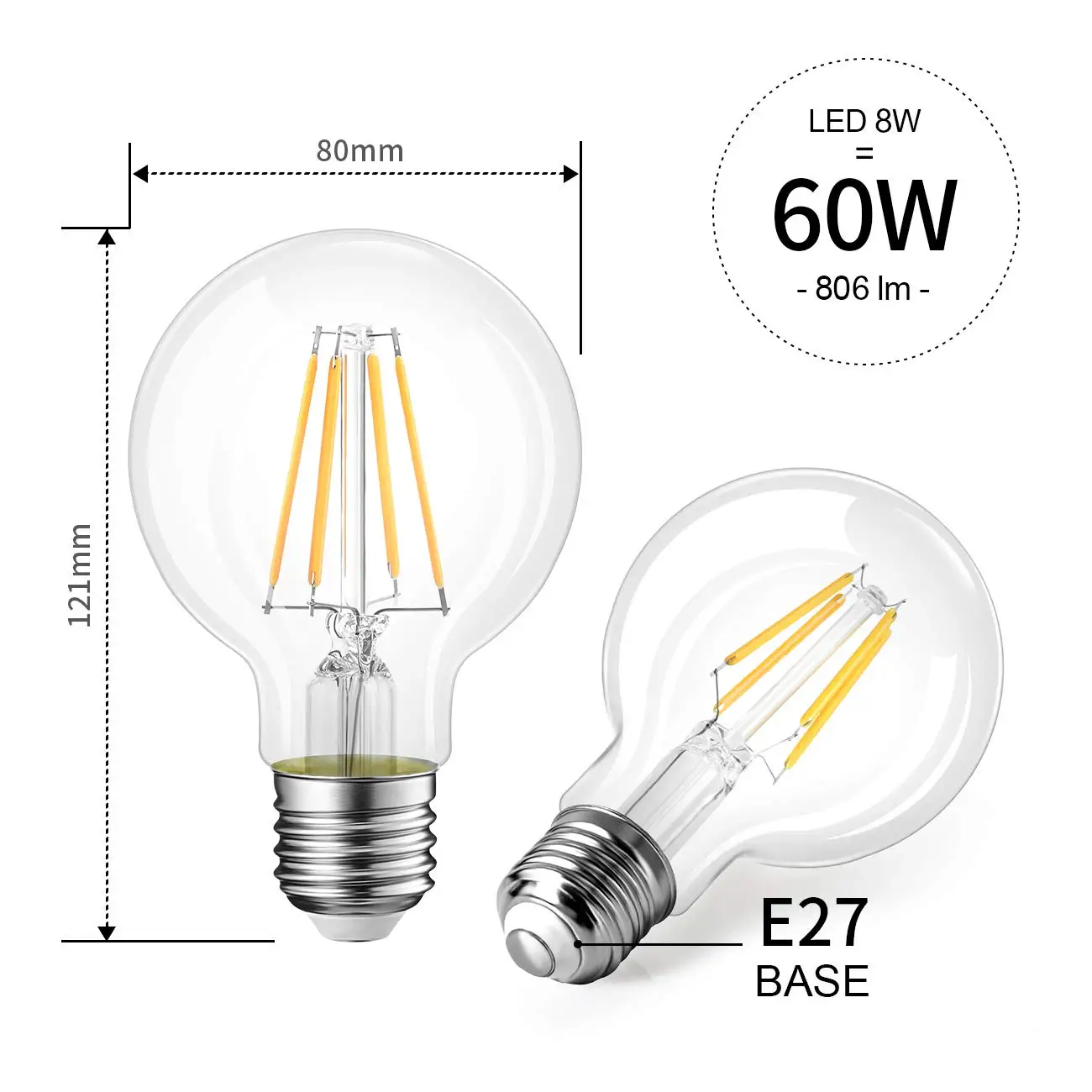 Светодиодный свет лампы Эдисона лампа накаливания A60 лампа E27 110-240V 4/8 Вт эквивалент до 40/80 Вт прозрачное накаливания [Класс энергопотребления A++]-6 шт. в упаковке