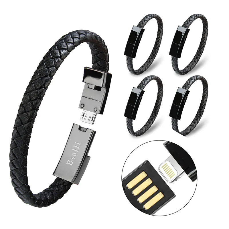 5 Pcs Leather Usb Bracelet Charger Quick fast charging cable Mini Micro