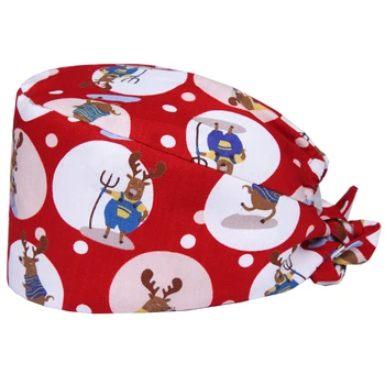 

Christmas Reindeer Surgical Hat Medical Scrub Cap for Women Doctor Nurse Hats OR Work Caps 100% Cotton Pet Dentist Skull Cap