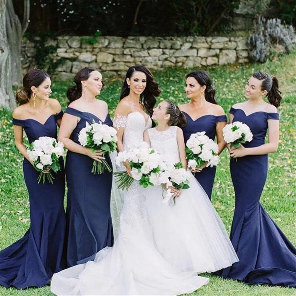 

2019 Navy Blue Long Dresses Bridesmaid Boat Neck Sweep Train Mermaid Wedding Party Gowns Hot Selling Vestido De Festa Largo