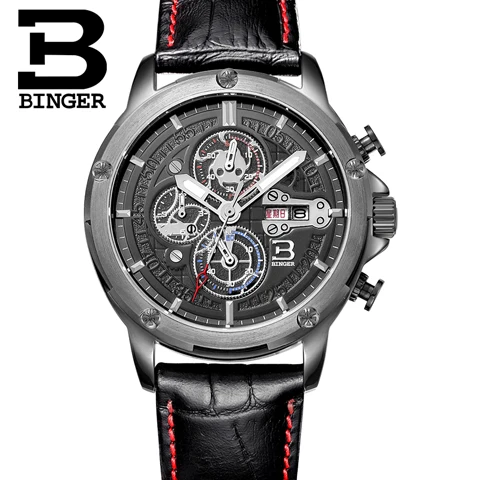 Швейцарские мужские часы люксовый бренд наручные часы Бингер кварцевые мужские часы кожаный ремешок Хронограф Diver glowwatch B6009-3 - Цвет: Item 4