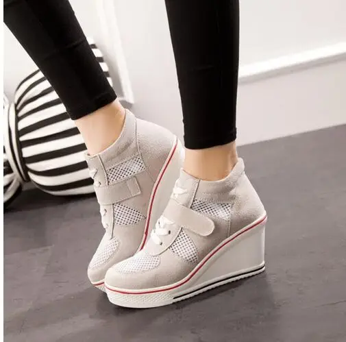

2018 Women Wedges Causal Shoes Woman Breathable Platform Leather Shoes Hidden Wedge Sneakers vulcanize shoes Zapatillas Mujer