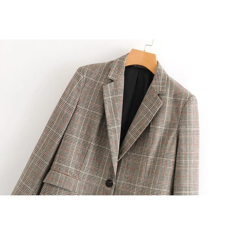 Leisure Plaid Long-sleeved Medium-long Suit Coat Single Breasted Notched Pockets Office Lady Women Blazers and Jackets Leisure Plaid Long-sleeved Medium-long Suit Coat Single Breasted Notched Pockets Office Lady Women Blazers and Jackets