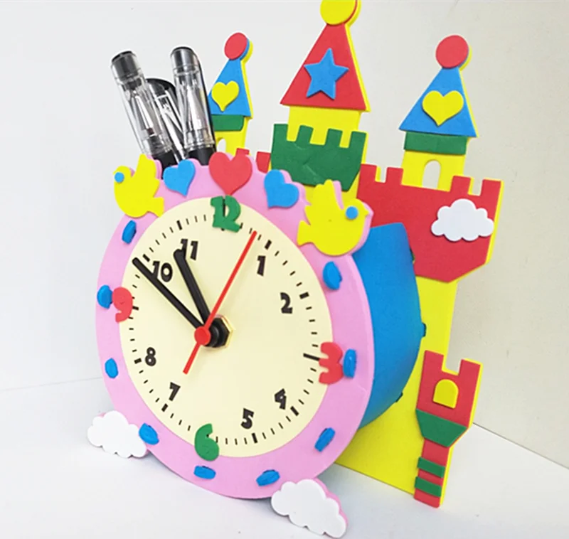 Happyxuan 2-in-1 DIY 3D Cartoon Eva Clock Pen Holder Kindergarten kids Art Craft Kits Material Toy Creative Education Gift Girl