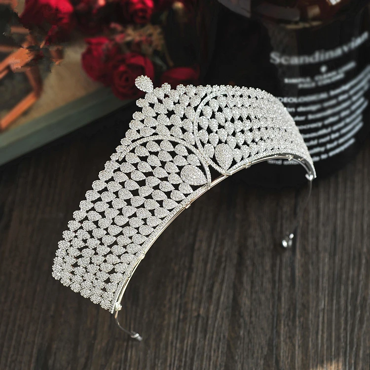 

Micro Paved Full Cubic Zircon Tiara Luxury Zirconia Crown Wedding Hair Accessories Bride Large CZ Coroa Novia Diadam WIGO1199