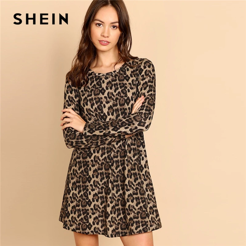SHEIN Повседневное Платье С Леопардовым Принтом Длинным Рукавом И Круглым
