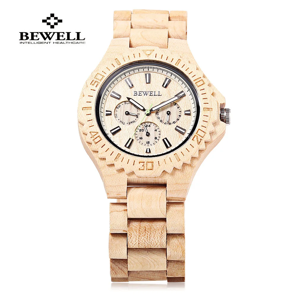 BEWELL Multifunction Wood Quartz Watch Men Clock Wristwatch With Three Work Sub-Dail Mens Sport Watches Relogio Masculino 116B BEWELL Multifunction Wood Quartz Watch Men Clock Wristwatch With Three Work Sub-Dail Mens Sport Watches Relogio Masculino 116B