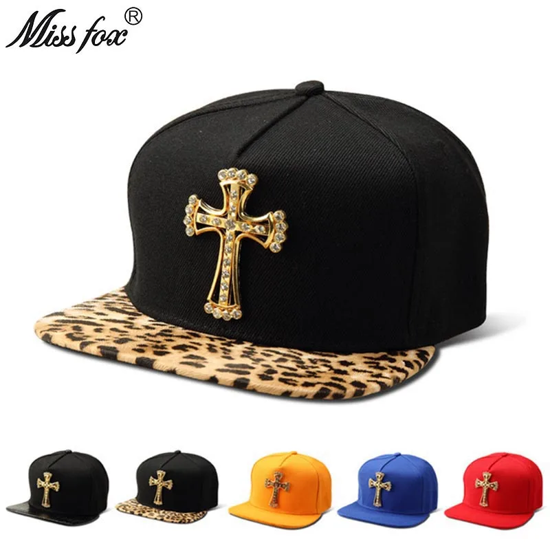 MissFox хип хоп золотой крест мужская шляпа Cz камни шпилька религия шапки мужские плоские полями черный крокодиловый узор кепки в стиле хип-хоп