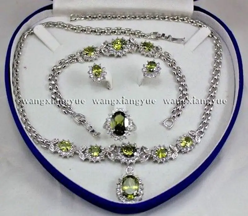 

Charming! Peridot Inlay Link Bracelet Earrings Ring Pendant Necklace Set AAA+ jade Crystal Jewelry