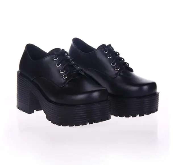 White Punk Lace up Oxfords Vegan Leather with Short Block Heel and Chunky Treaded Soles