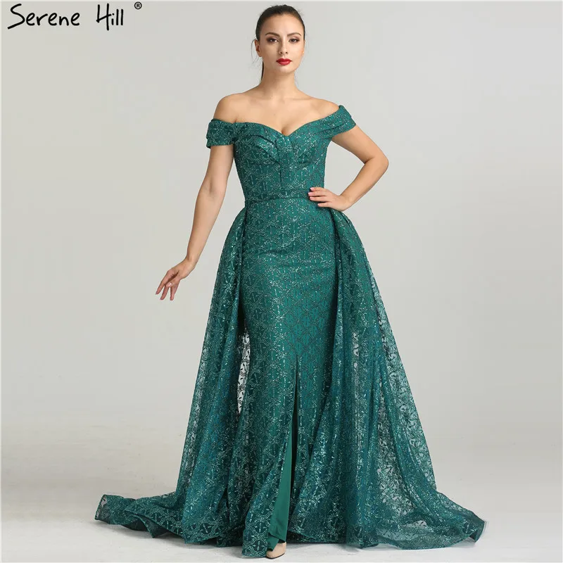 Новые Сексуальные вечерние платья с открытыми плечами и съемным шлейфом, темно-зеленые блестящие Длинные вечерние платья русалки LA6362
