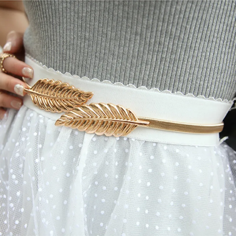 

Women Elastic Metal Waist Belts Silver Gold Chain Belts Female Cute Leaf Buckle Cummerbunds for Ladies Dresses Strap Waistband