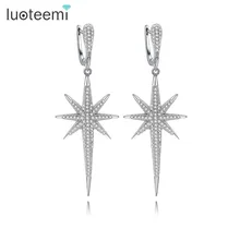 Luoteemi moda de nueva venta caliente pendientes de gota largos micro pavimentada Tiny CZ Forma de Estrella Colgante para Las Mujeres de Partido de la Muchacha de La Boda joyería