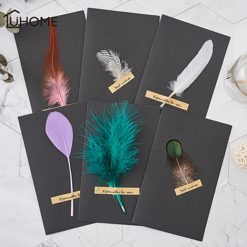 6pcs Vintage DIY Black Kraft Paper Invitation Greeting Card Handmade Clorful Feather Wedding Party Invitation Envelopes
6pcs Vintage DIY Black Kraft Paper Invitation Greeting Card Handmade Clorful Feather Wedding Party Invitation Envelopes
