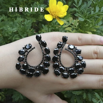 

HIBRIDE Beautiful Big Black Cubic Zirconia Women Drop Earrings Black Gun Plated Earring boucle d'oreille Party Gifts E-543