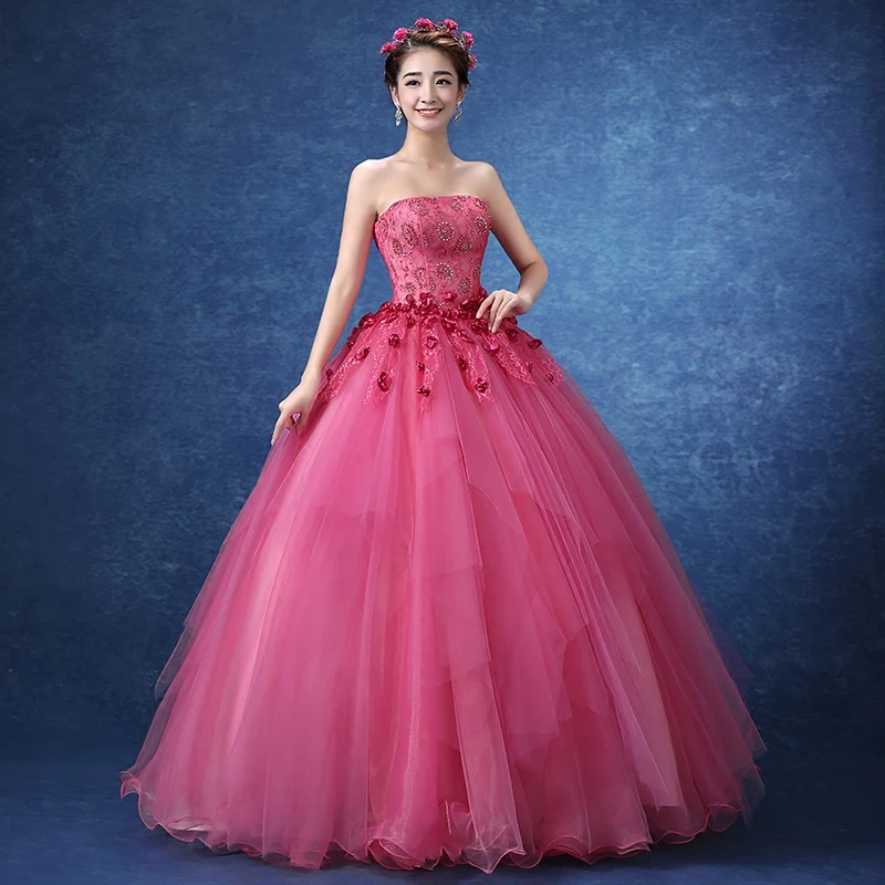 100real hot pink flower lace beading ball gown medieval dress Renaissance Gown princess