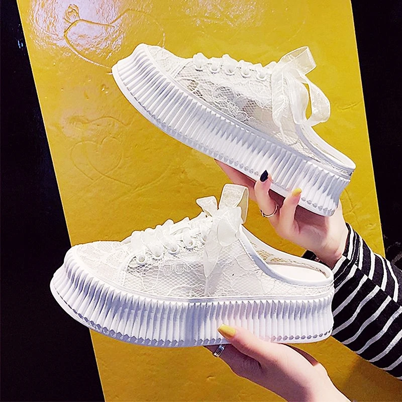 

Lace Platform Sneakers Women Sweet Flower Chunky Sneaker Ladies Fashion Casual Platform Slippers Women Summer 2019 White Sneaker