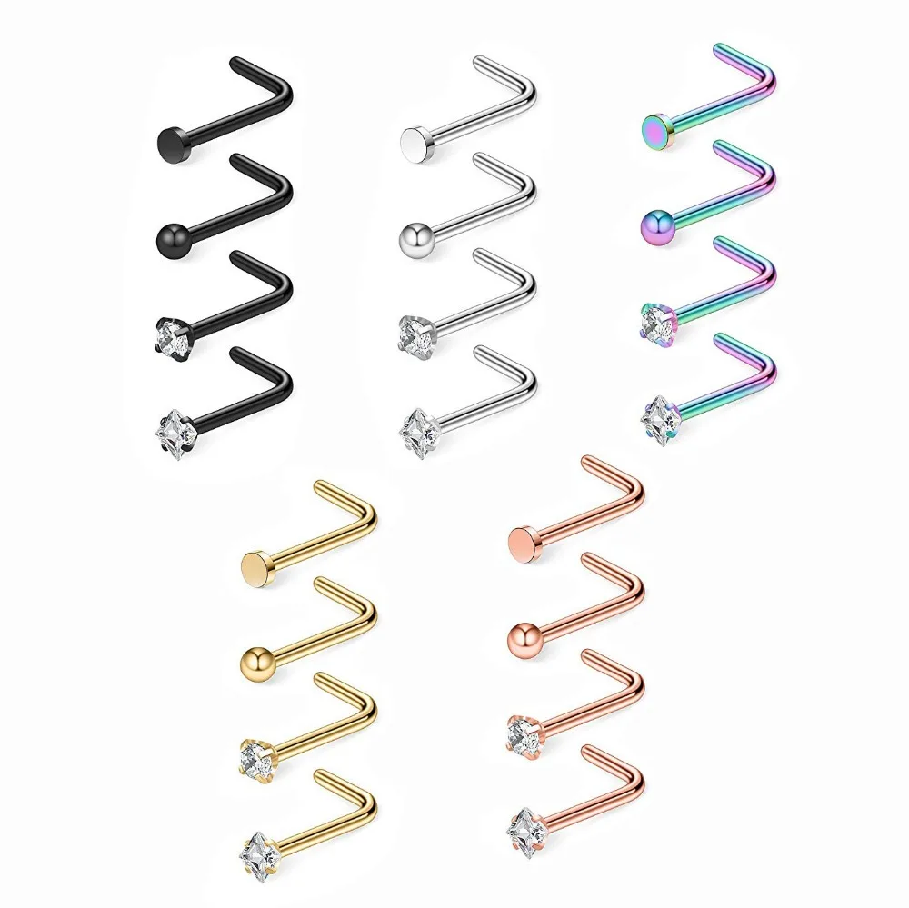 

4 Pcs/lot Clear Crystal Bone Nose Stud Piercing Earring Anodized Stainless Steel Nose Piercings Jewelry Gift