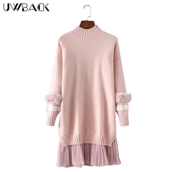 

Uwback Women Sweater Dress Elegant Pleated Dress Chiffon Hem Femme Warm Dress Autumn Winter Femme Loose Dress Faux Fur EB436