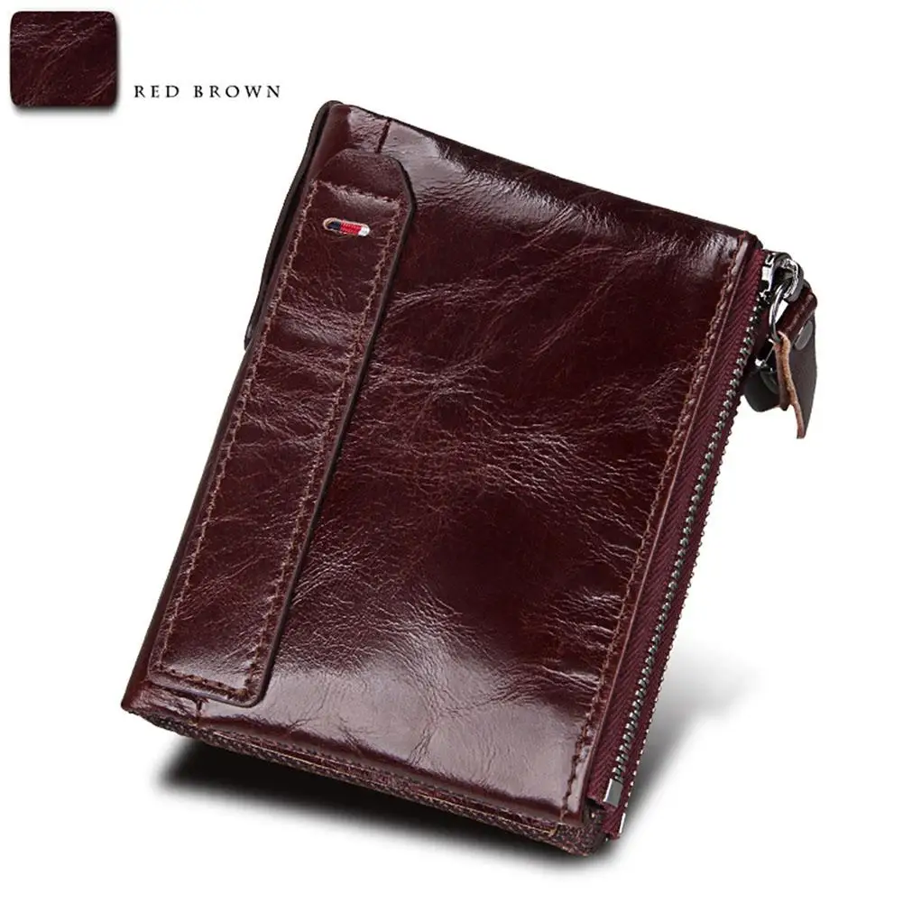 Banabanma Genuine Wallet Cowhide Leather Men Wallets Double Zipper Short Purse Coin Pockets Anti RFID Card Holders Wallet Men 40