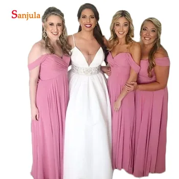 

Pink Chiffon A-Line Bridesmaid Dresses Sweetheart Pleats Off the Shoulder Elegant Maid of Honor Dresses abiti da damigella D772