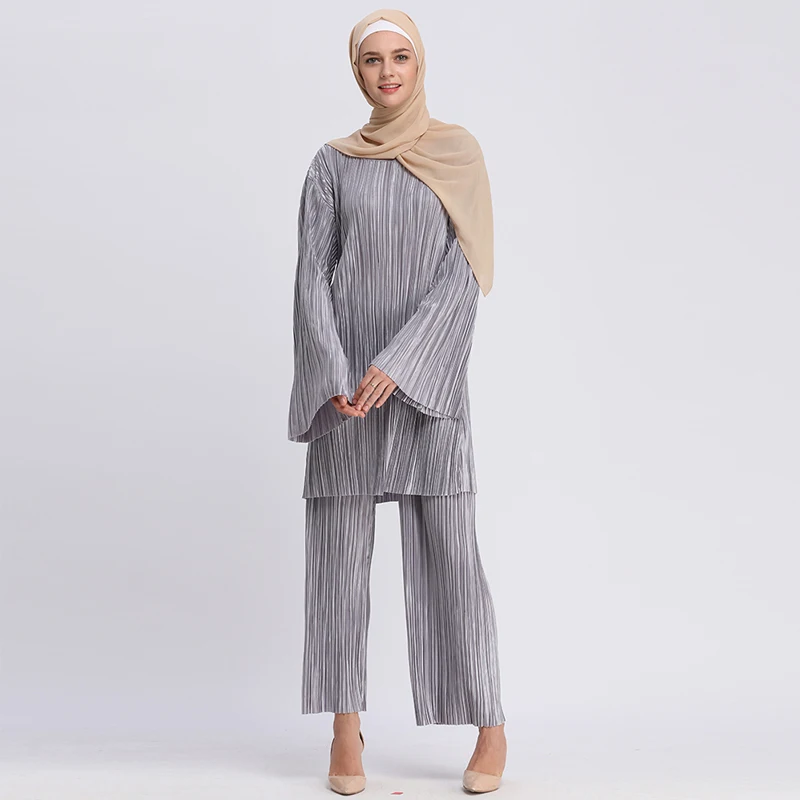Абая, для мусульман кимоно, индонезийский Женский повседневный комплект из двух предметов, плиссированный топ с длинными рукавами, штаны