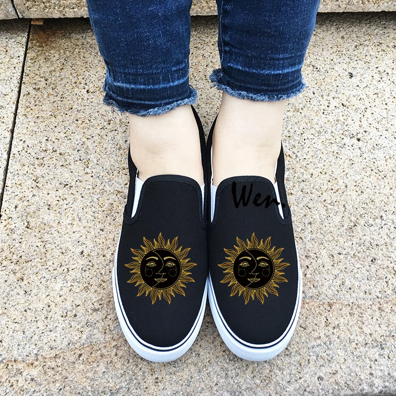 Wen Design Sun Moon Face Pattern Slip On Shoes for Man Woman Original White Black Canvas Sneakers Mens Womens Gifts