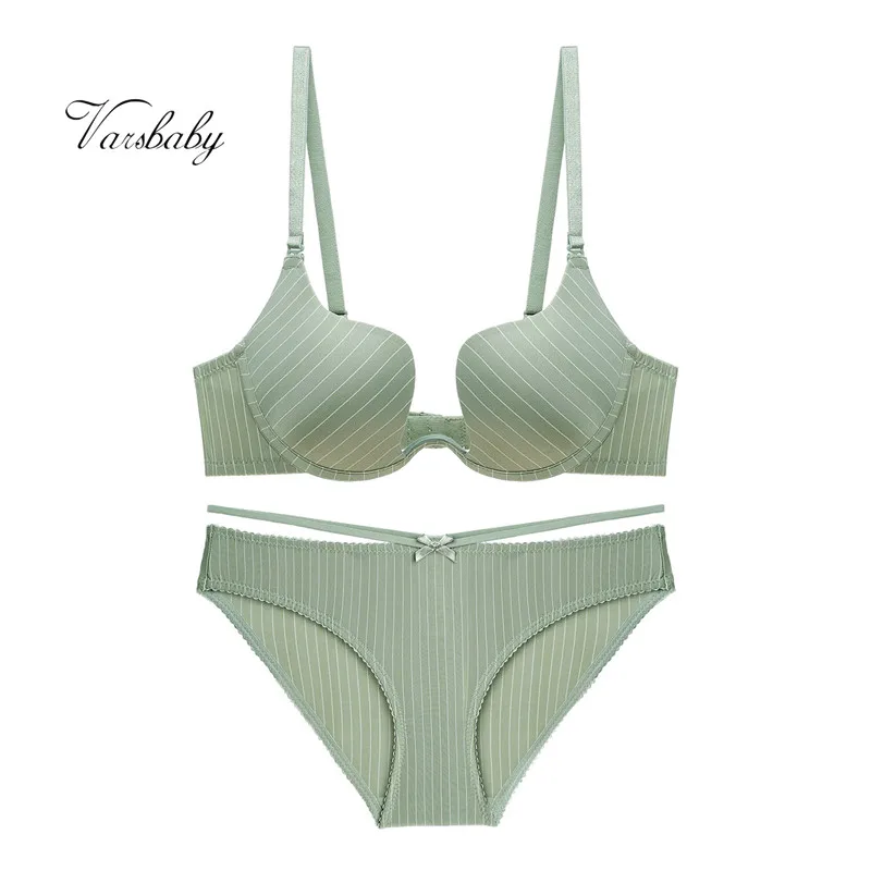 

Varsbaby women's sexy U-shaped push up seamless bra striped bow underwear underwire lingerie set