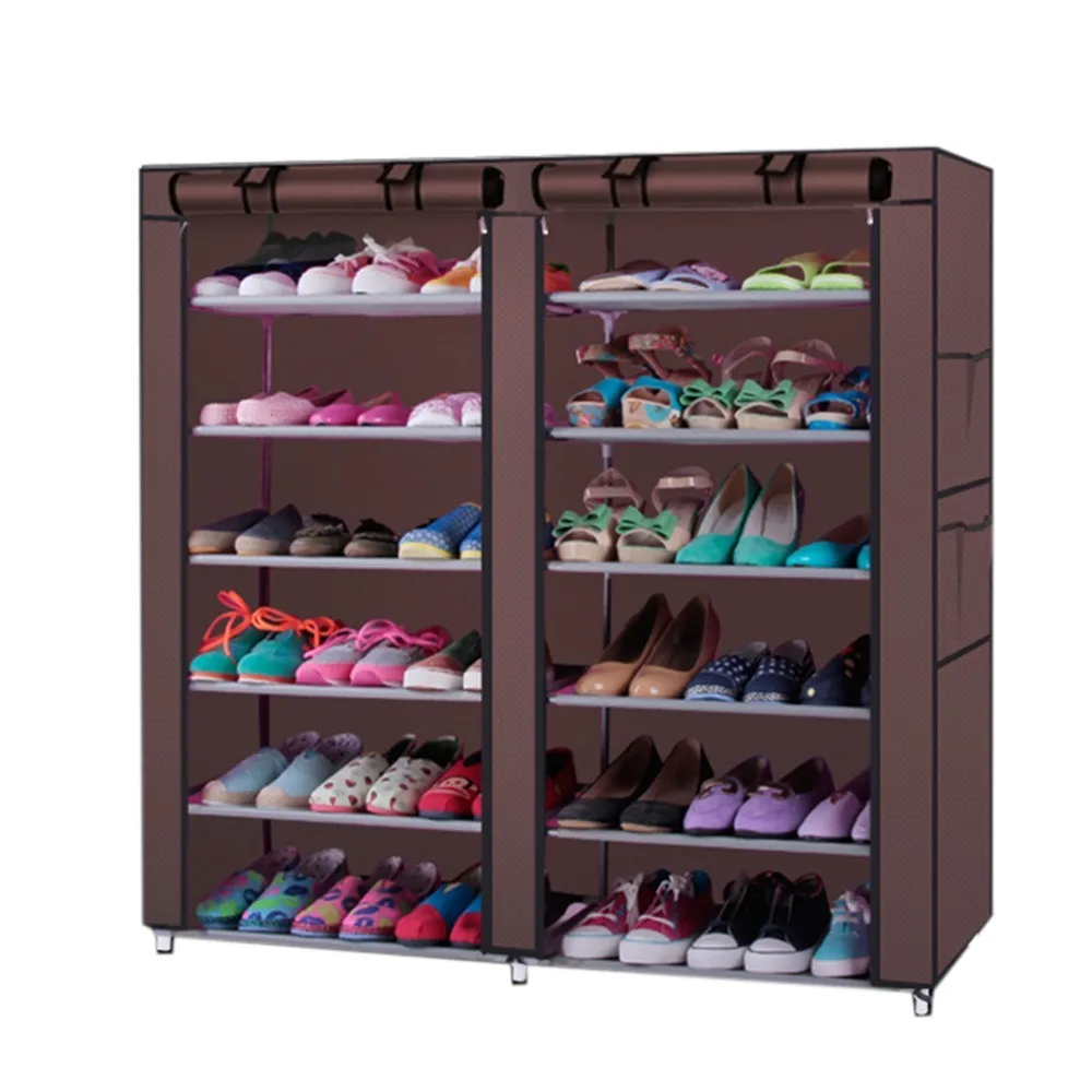Две колонны 12 решеток нетканый тканевый стеллаж для обуви большой емкости шкаф для хранения обуви для защиты обуви от пыли полка - Цвет: Коричневый