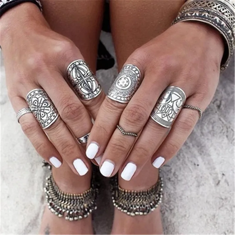 

4PCS/Set New Bohemia Ethnic Vintage Unique Carving Tibetan Silver Plated Ring for women ring set JZ-184