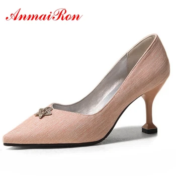 

ANMAIRON New women pumps pointed toe shallow high heels shoes big size 34-48 party shoes rhinestone 4 seasons single shoes CR304