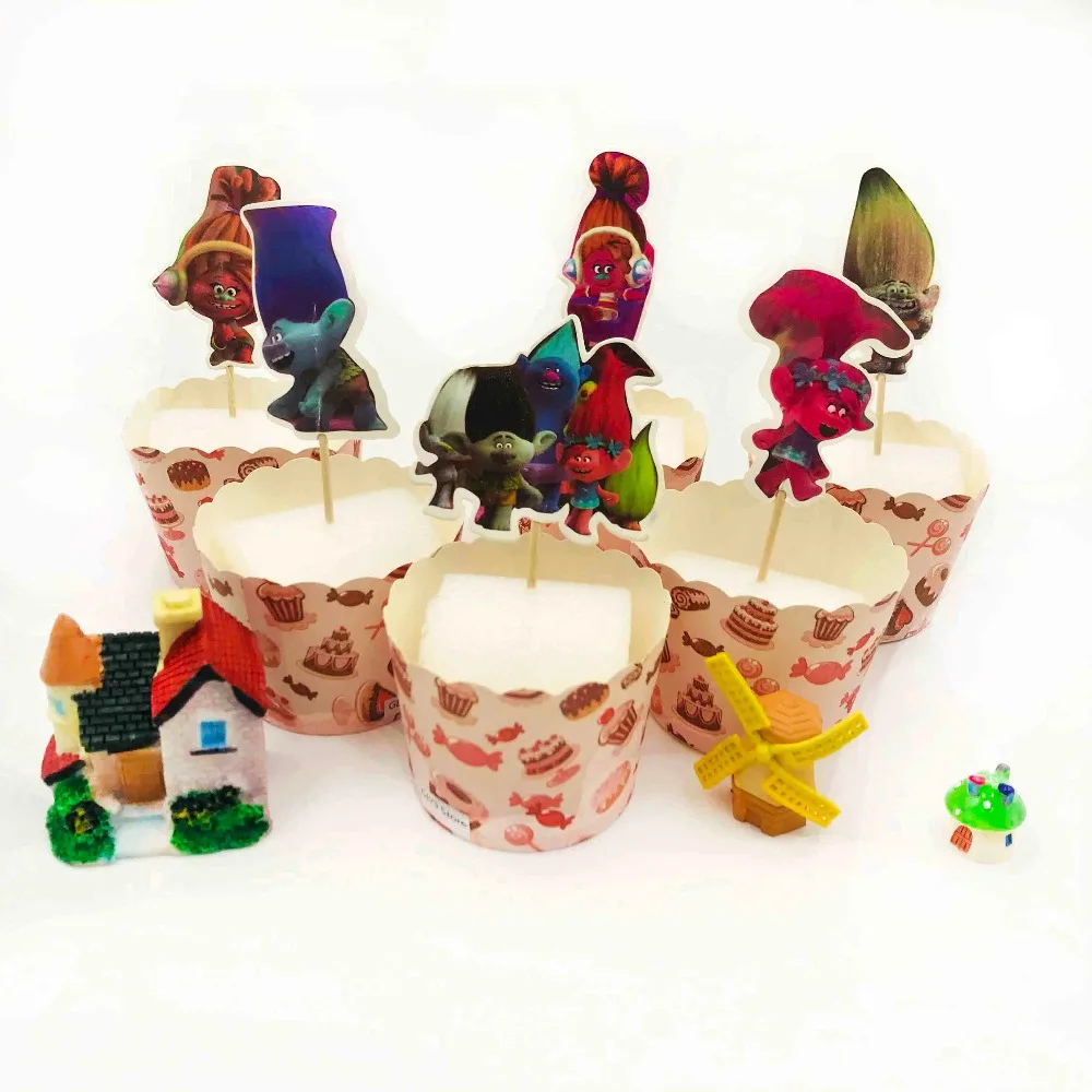 24pcs Set Trolls Cake Topper Decor Birthday Baby Shower Supplies