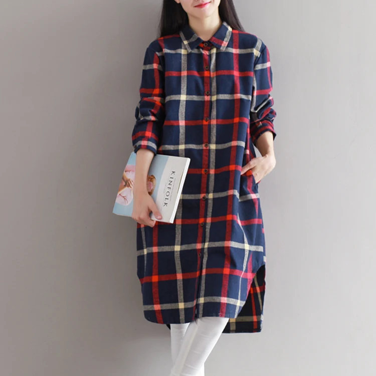 

Dresses Shirts 2017 Spring And Autumn Women Check Dress Long Sleeve Loose Peter Pan Collar Cotton Dresses