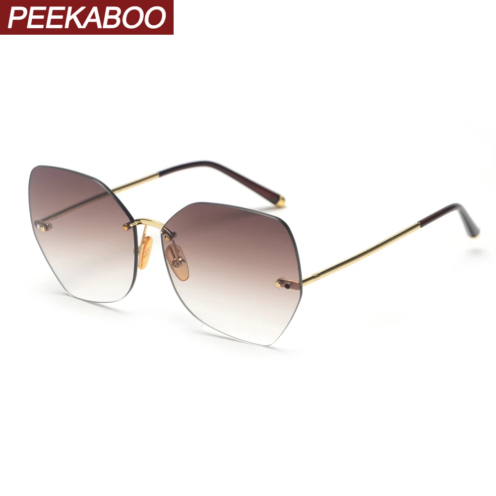 

Peekaboo rimless sunglasses for women 2019 metal ladies sun glasses cat eye polygon uv400 high quality brown pink