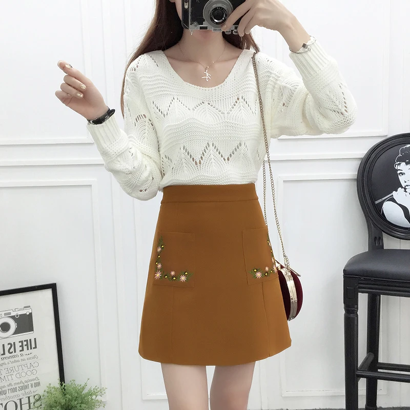 

Autumn Outfit Women Hollow Out Solid Color Sweater & Double Pocket Embroidery Flower Bust Skirt Suit Loose Knit Top Vestido