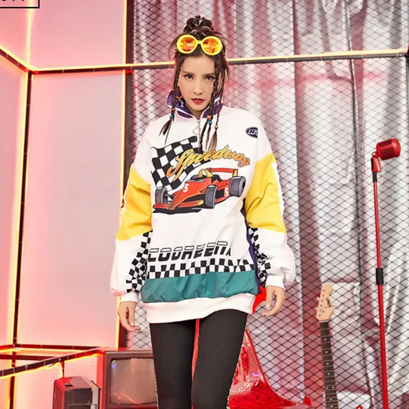 

2019 New Womens Coat Sweatshirts Racing Printed Funny Letter Patchwork Hoodies Outerwear Coats Streetwear Hip Hop Dance