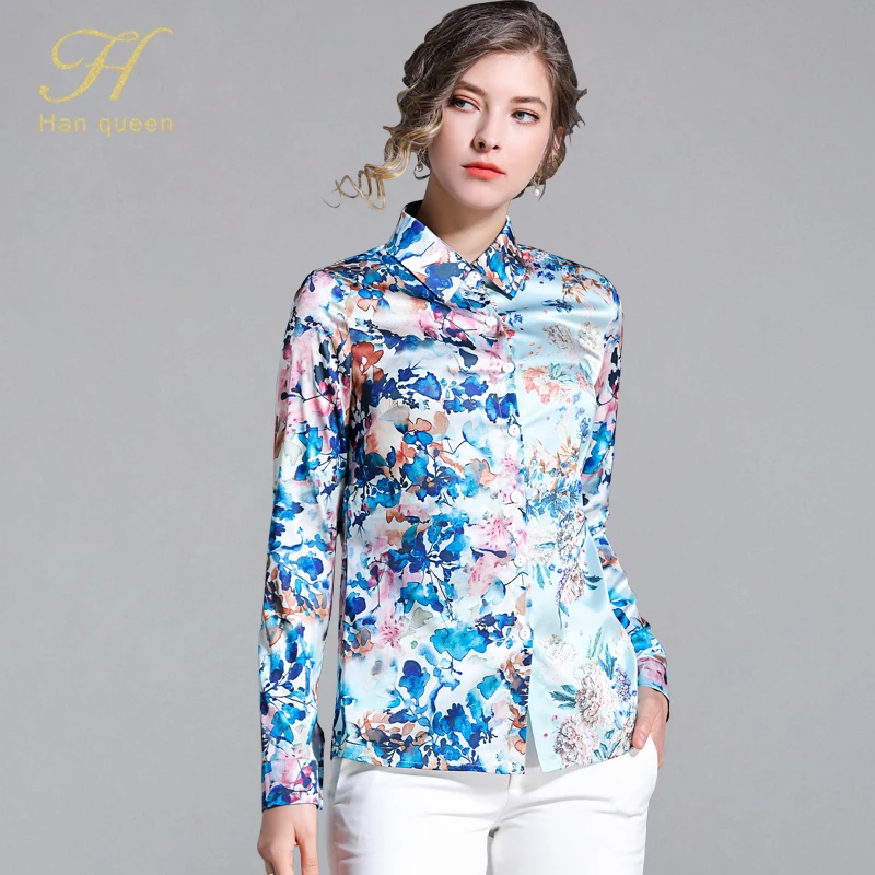 

H han queen Summer Women Blouses Turn-down Collar Shirts Long Sleeve Tops Loose Work Casual Blouse Fashion Print Female Blusas