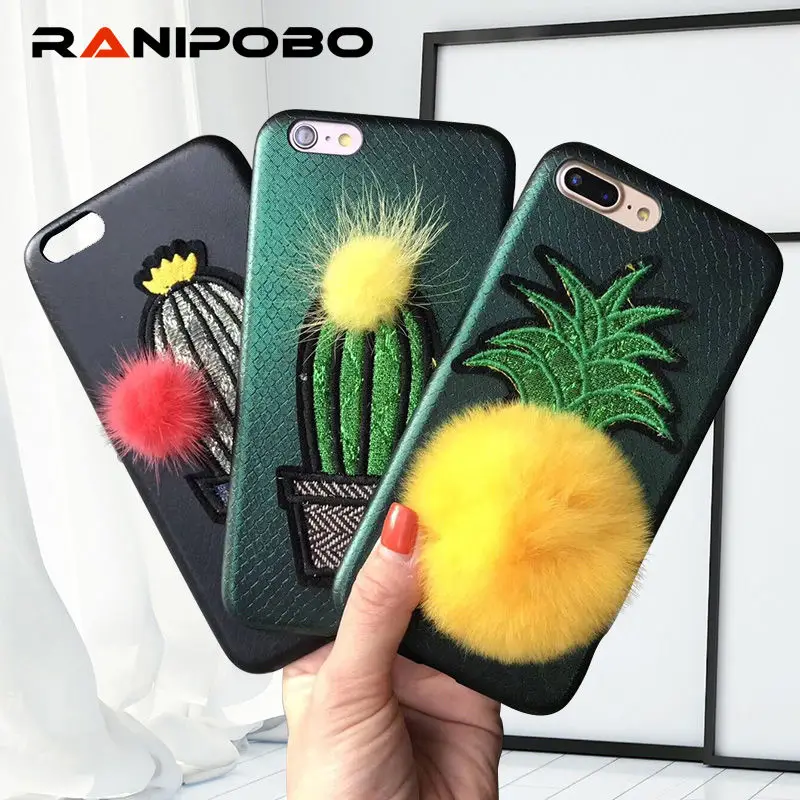 

Embroidered Pineapple Cactus Phone Case For iPhone X 7 7 Plus 8 8Plus 6 6S Plus with Fur Ball Pompom Leather Back Cover