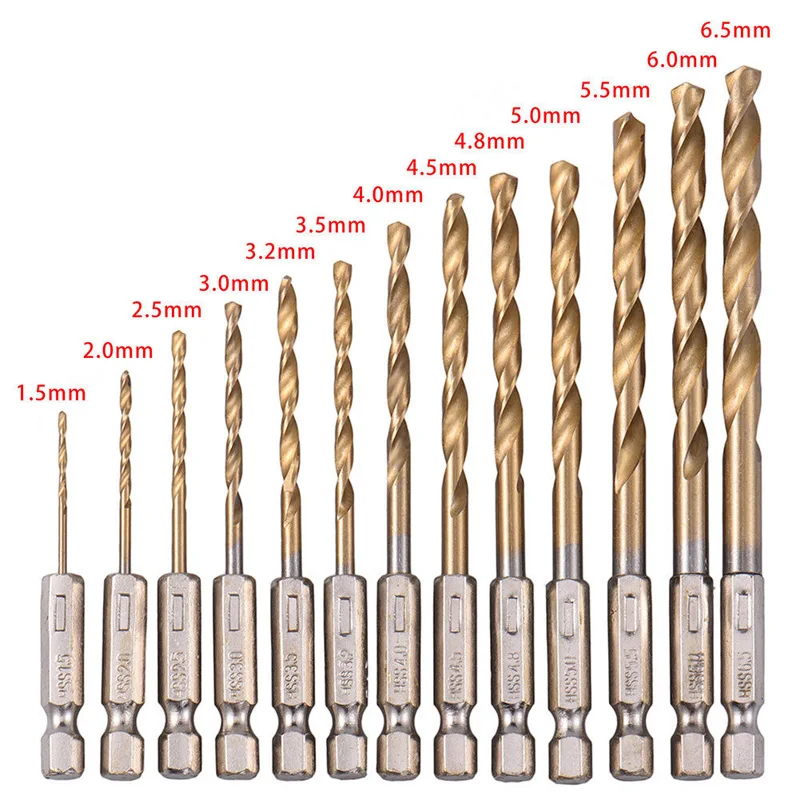 

13 Pcs Drill Bit Set Titanium Coated HSS High Speed Steel Hex Shank Quick Change