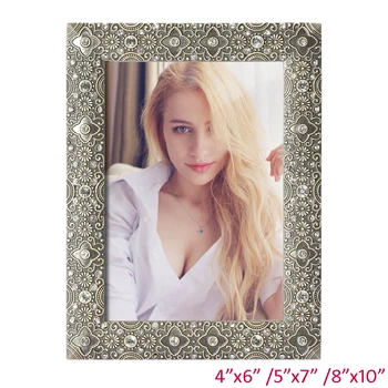 

European Antique Bronze Silver White with Clear Rhinestones Jeweled Solid Flowers Design 4x6,5x7,8x10 inches Metal Picture Frame